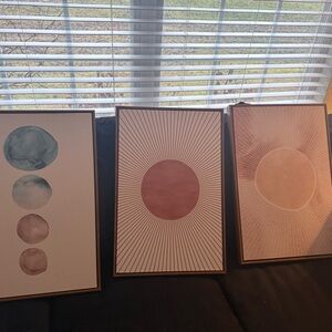 Set of 3 Modern Abstract Wall Art 16x24 | Framed Neutral Blush Sunburst Prints